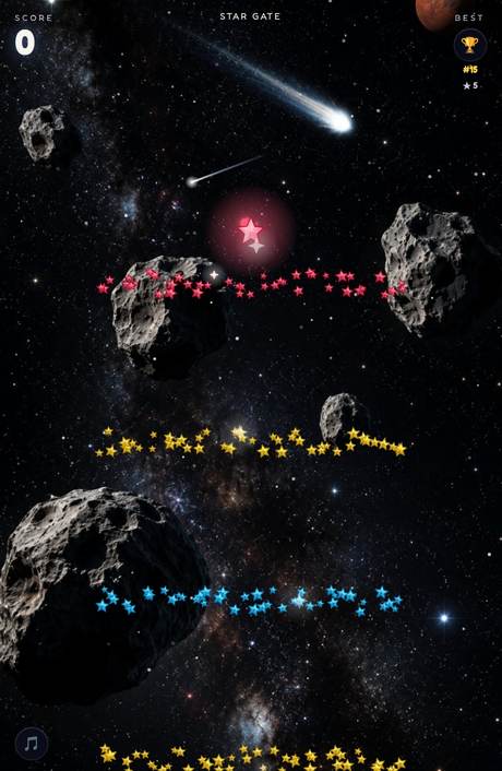 Star Gate gameplay with asteroids and a comet